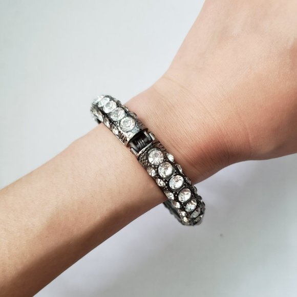 Vintage Dark Toned Bangle Bracelet with Clear Rhinestones - Picture 4 of 7